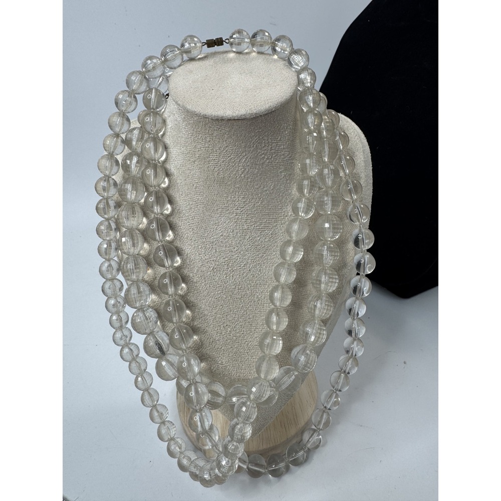 Vintage Clear Ribbed Lucite Bead Multi Strand Necklace Triple Layer Art Deco